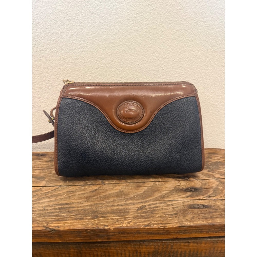 Vintage Dooney & Bourke All Weather Leather Crossbody‎ Bag Navy Blue British Tan